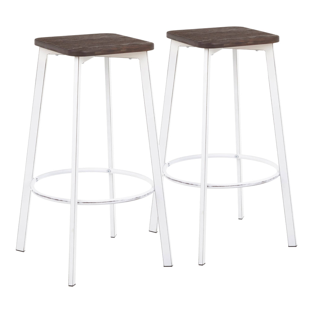 Vintage White Metal and Espresso Bamboo Square Barstool Set of 2 Q135