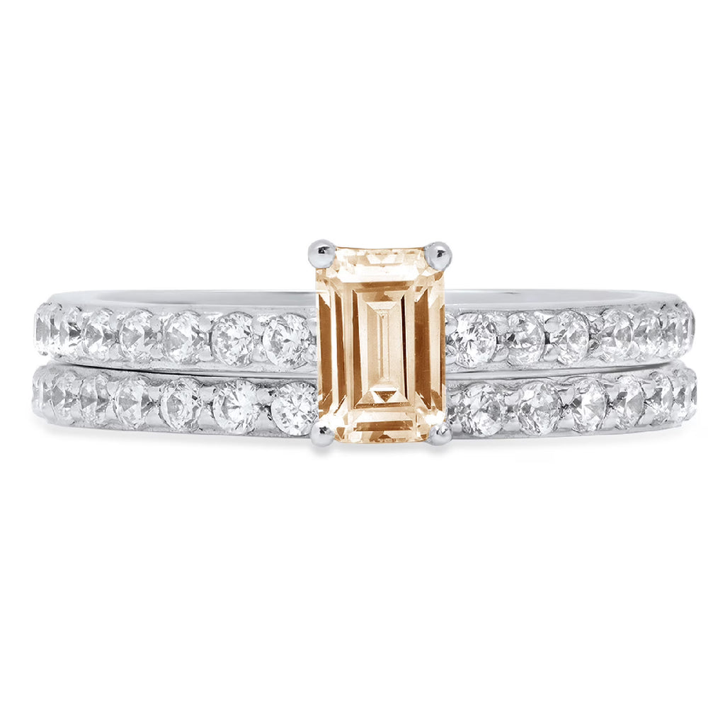 Emerald Cut Yellow Moissanite 18k White Gold Ring Band Set sz 3.5 O834