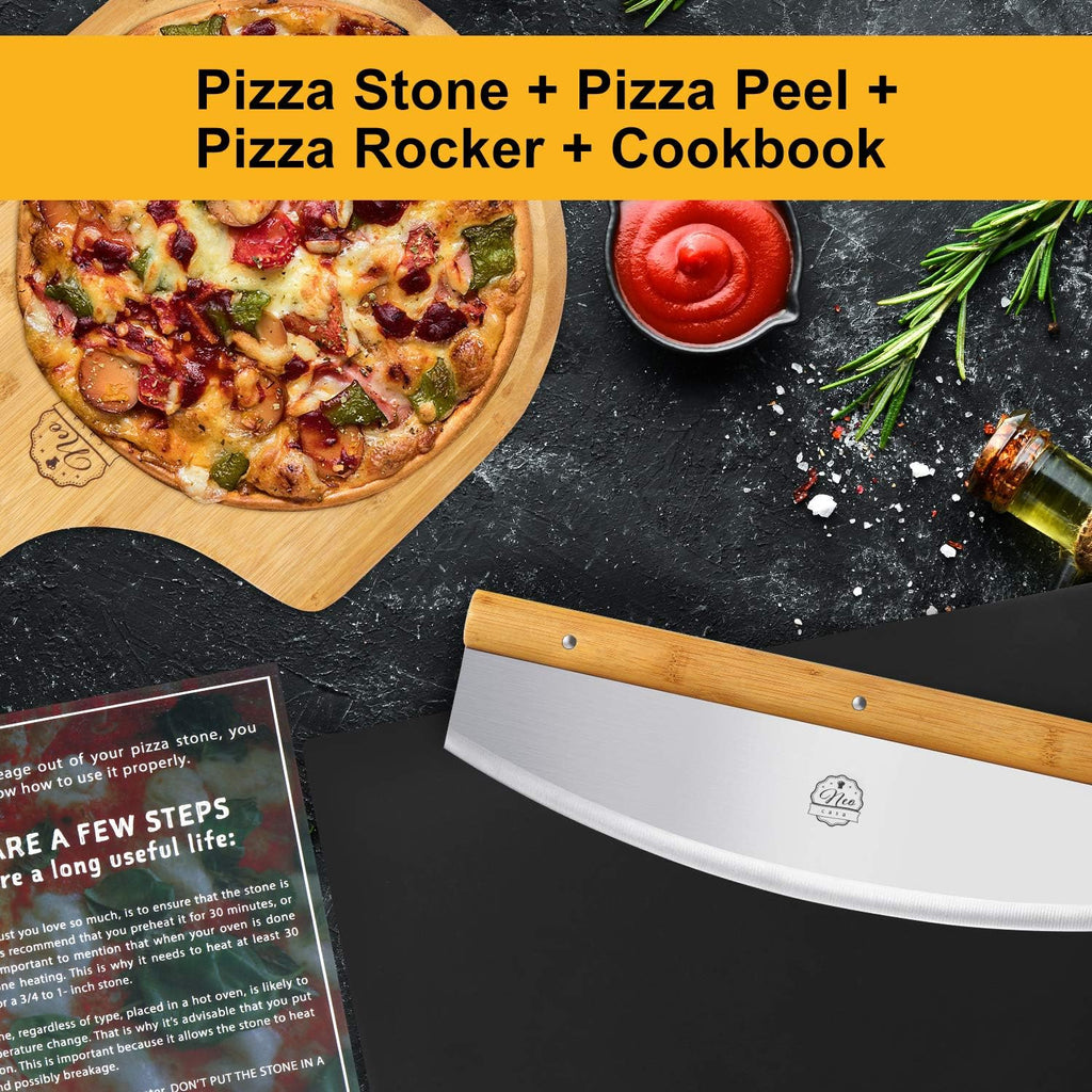 Black Cordierite Ceramic Coated Pizza Stone Pan Set with Bamboo Pizza Peel & Pizza Cutter W38336