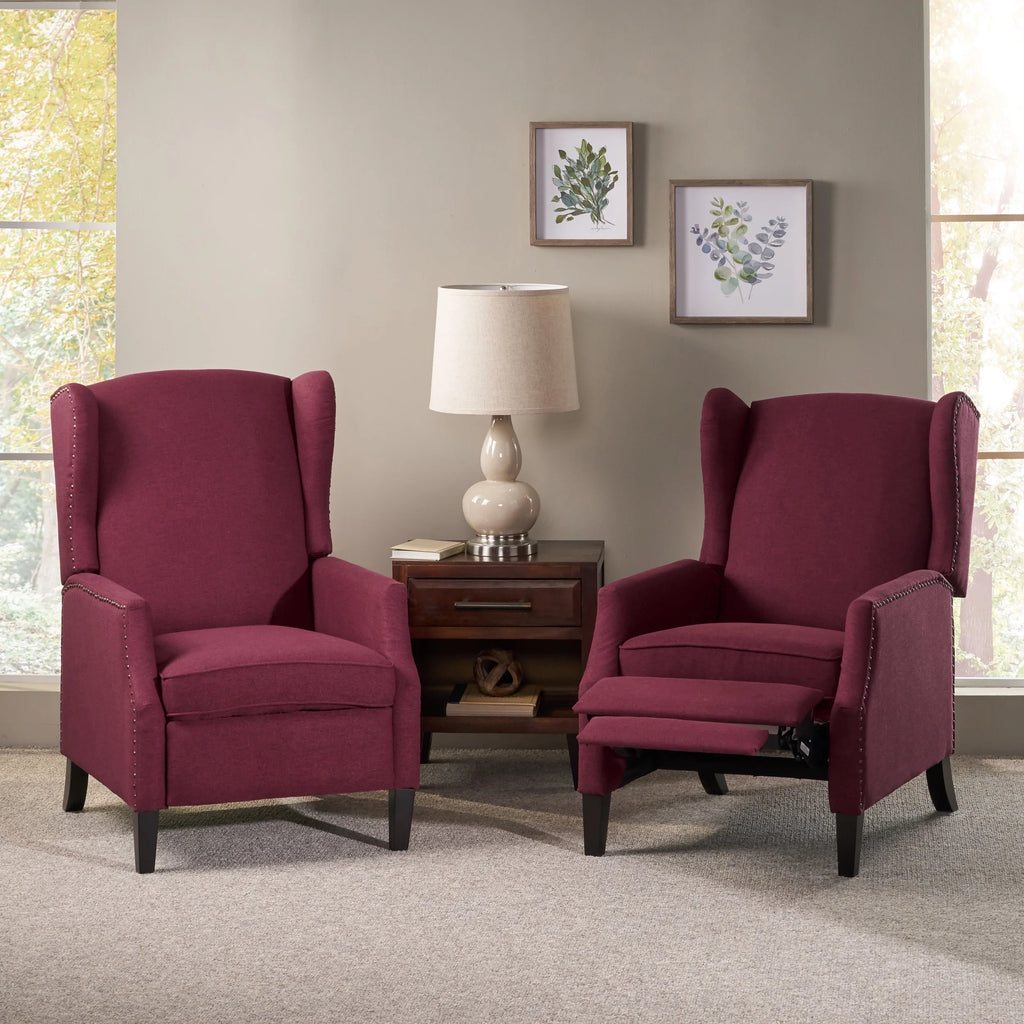 Deep Red and Dark Brown Fabric Pushback Recliner, Set of 2 F4091