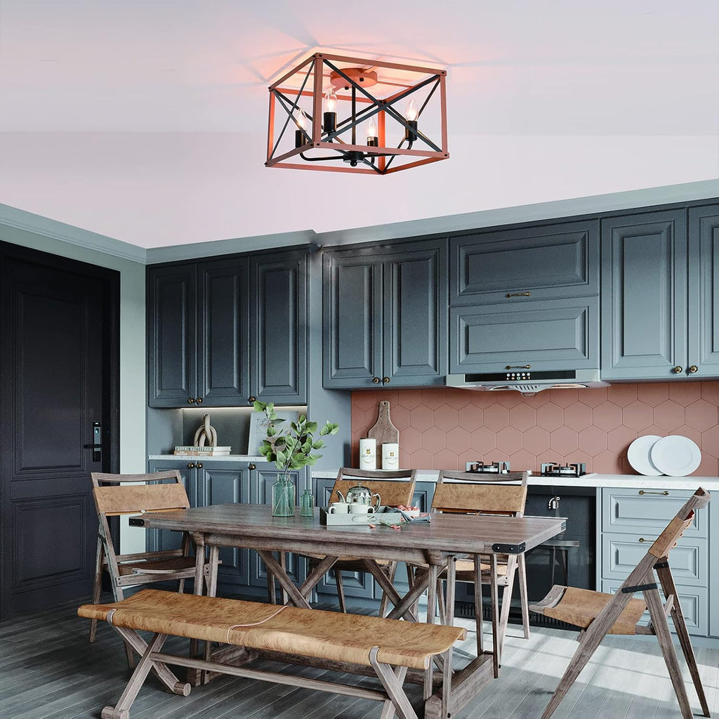 Retro Semi Flush Mount 4-Light Rectangle Wood Ceiling Light Fixture Q7504