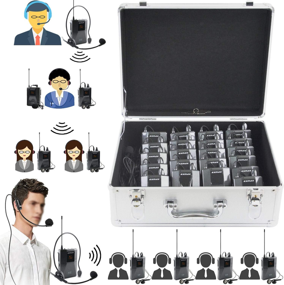 Wireless Headset Microphone Tour Guide System (1 Transmitter 20 Receivers with Silver Aluminum Storage Case) D5189