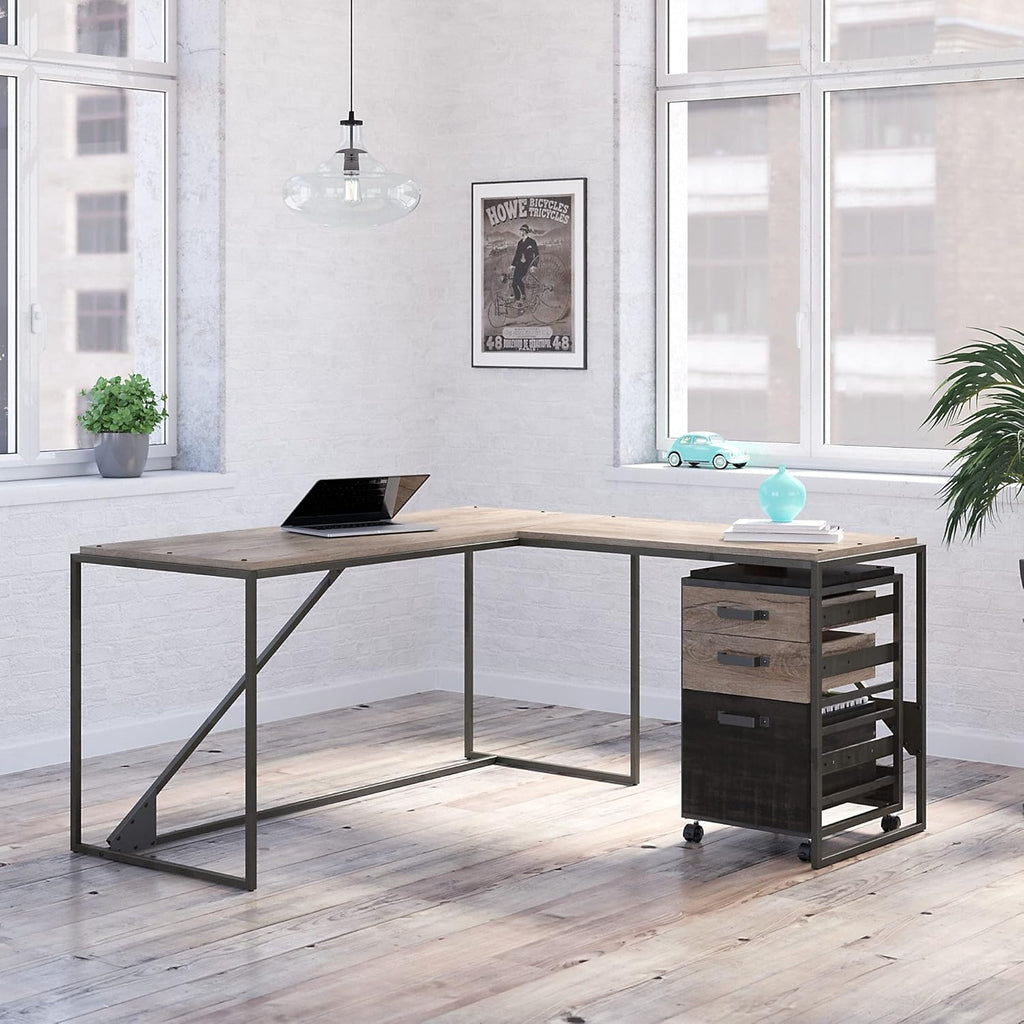 Rustic Gray L Shaped Desk with 3 Drawer Mobile File Cabinet V9260