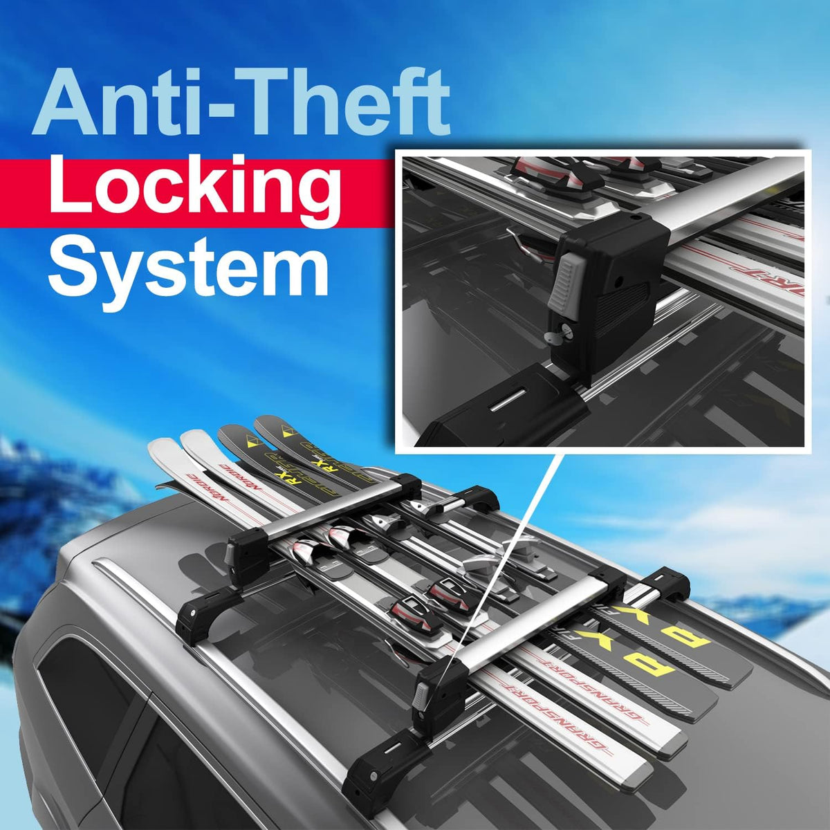 Universal Ski & Snowboard Car Rack with Anti-Theft Lock, 35 Fits Up to 6 Pairs of Skis or 4 Snowboards C127