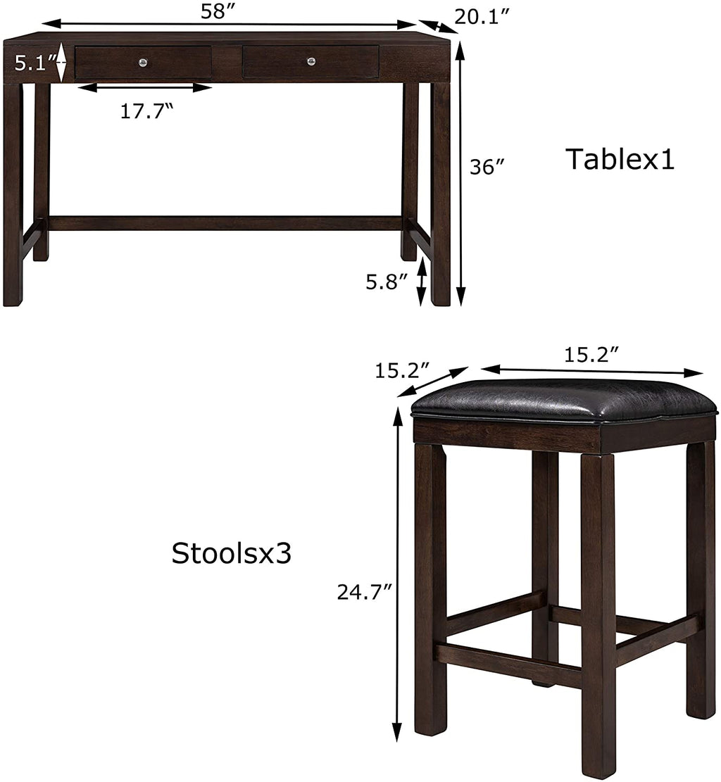 4-Piece Counter Height Dining Table Set with 3 PU Leather Padded Stools Espresso B54260