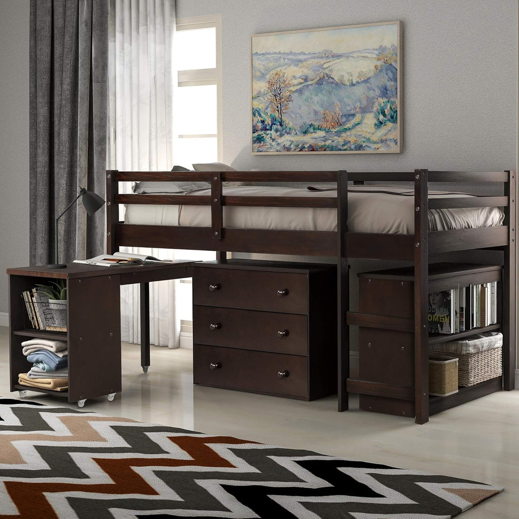 Twin Size Loft Bed with Desk and Storage Cabinet V3865